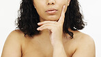 Thinking, unsure and hands of woman in studio for body care, grooming and treatment on white background. Doubt, contemplation and girl confused with cosmetics or dermatology options while isolated