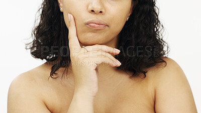 Buy stock photo Thinking, unsure and hands of woman in studio for body care, grooming and treatment on white background. Doubt, contemplation and girl confused with cosmetics or dermatology options while isolated