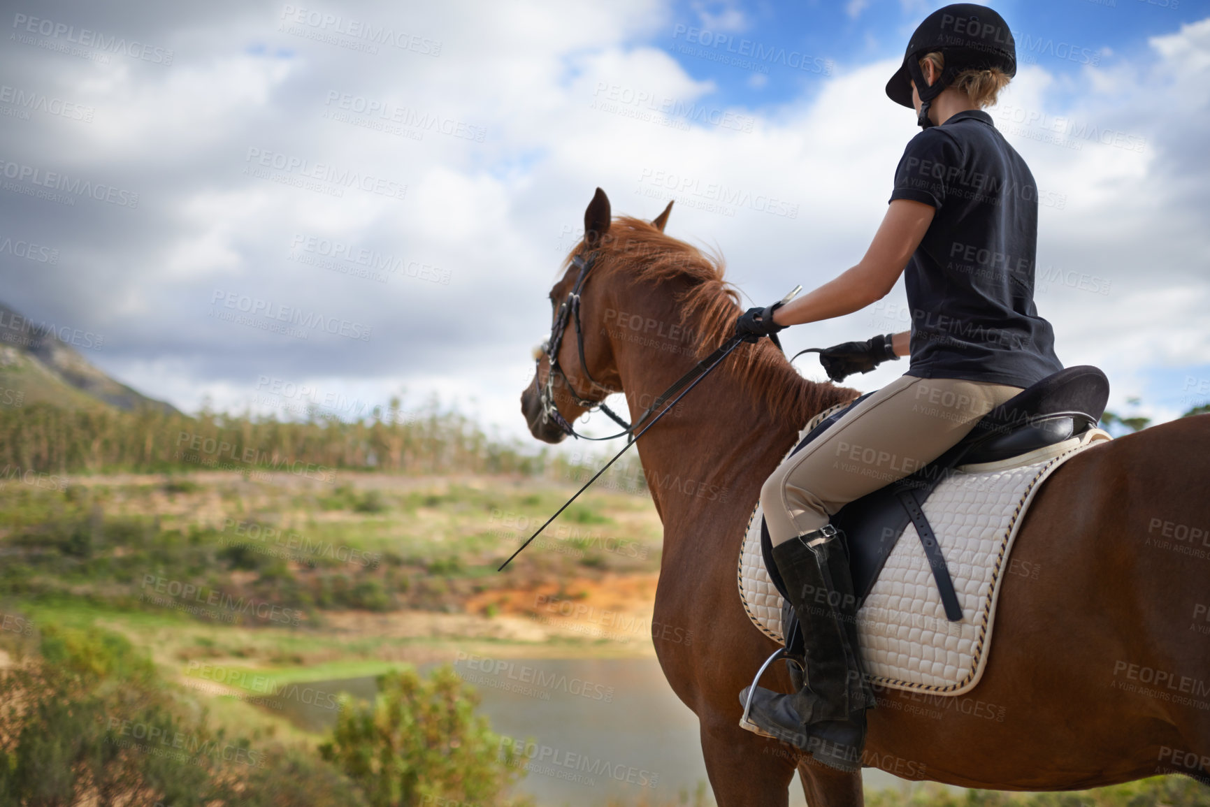 Buy stock photo Equestrian, horse and woman riding in nature on adventure and journey in countryside. Ranch, animal and rider outdoor with hobby, sport or walking a pet on farm with girl in summer at river in woods