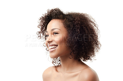 Buy stock photo A young ethnic woman with a toothy smile looking away from the camera