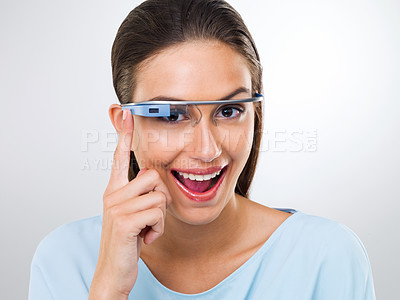 Buy stock photo Portrait, happy woman and smart glasses for augmented reality, vision or metaverse in studio isolated on white background. Face, cyber eyewear or future technology, digital and person laughing online