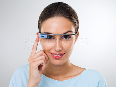Buy stock photo Portrait, happy woman and futuristic glasses for augmented reality, vision or metaverse online. Face, cyber eyewear and smart technology for person with smile in studio isolated on a white background