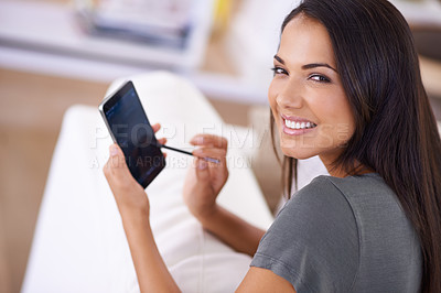 Buy stock photo Woman, living room and happy on couch with smartphone and pen for online research, information or social media networking. Female person, home and touchscreen on break for internet and entertainment
