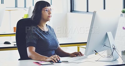 Buy stock photo Business, woman and computer for typing, focus and digital planning for sales, advertising and modern office. Female employee thinking, administrator and manager with pc, online reading or web design