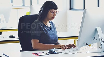 Buy stock photo Computer, startup or focus woman in office typing for cybersecurity, app coding or networking. Research, desk or employee working on tech for software code, programming or SEO website server review
