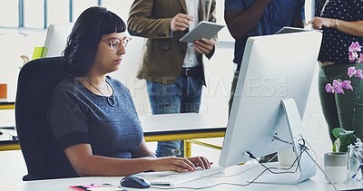 Buy stock photo Business, creative and woman with computer in office, typing and focus for planning, email and proposal. Company, female employee and serious manager with pc, startup and thinking for website launch