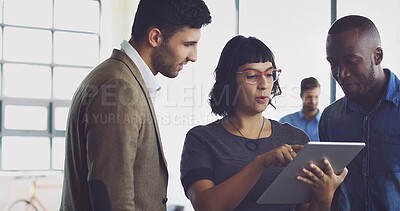Buy stock photo Tablet, collaboration and planning with a business team in the office, in discussion of the company growth strategy. Meeting, teamwork or partnership with a man and woman employee group at work