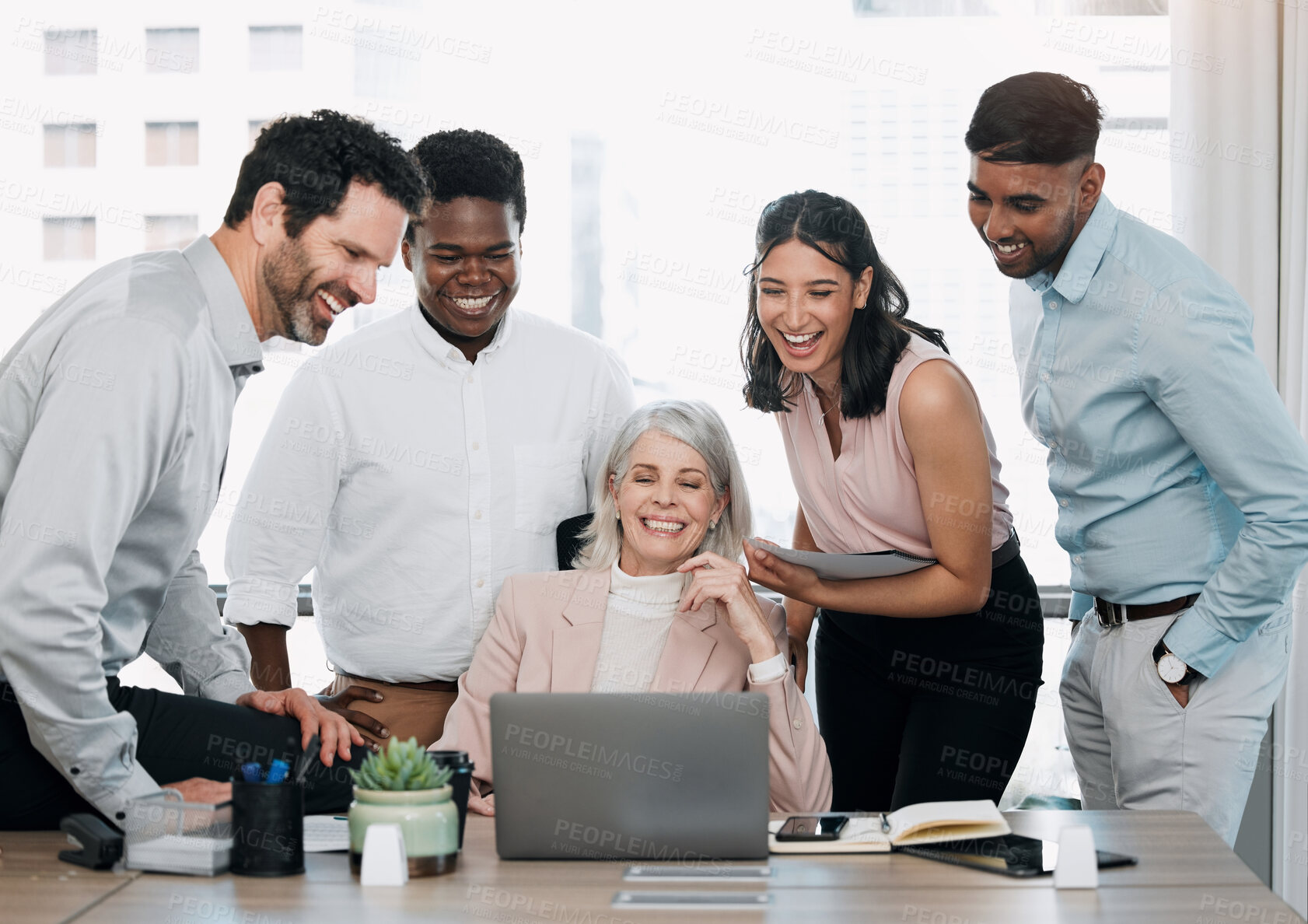 Buy stock photo Business, people and CEO laughing with laptop for investment planning, sales growth and advice. Financial analyst, team and diversity in office for joke on risk management, compliance or ERP upskill