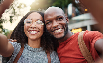 Buy stock photo Selfie, love and smile with an interracial couple in the city together for travel, tourism or adventure overseas. Portrait, freedom or fun with a man and woman taking a photograph in an urban town