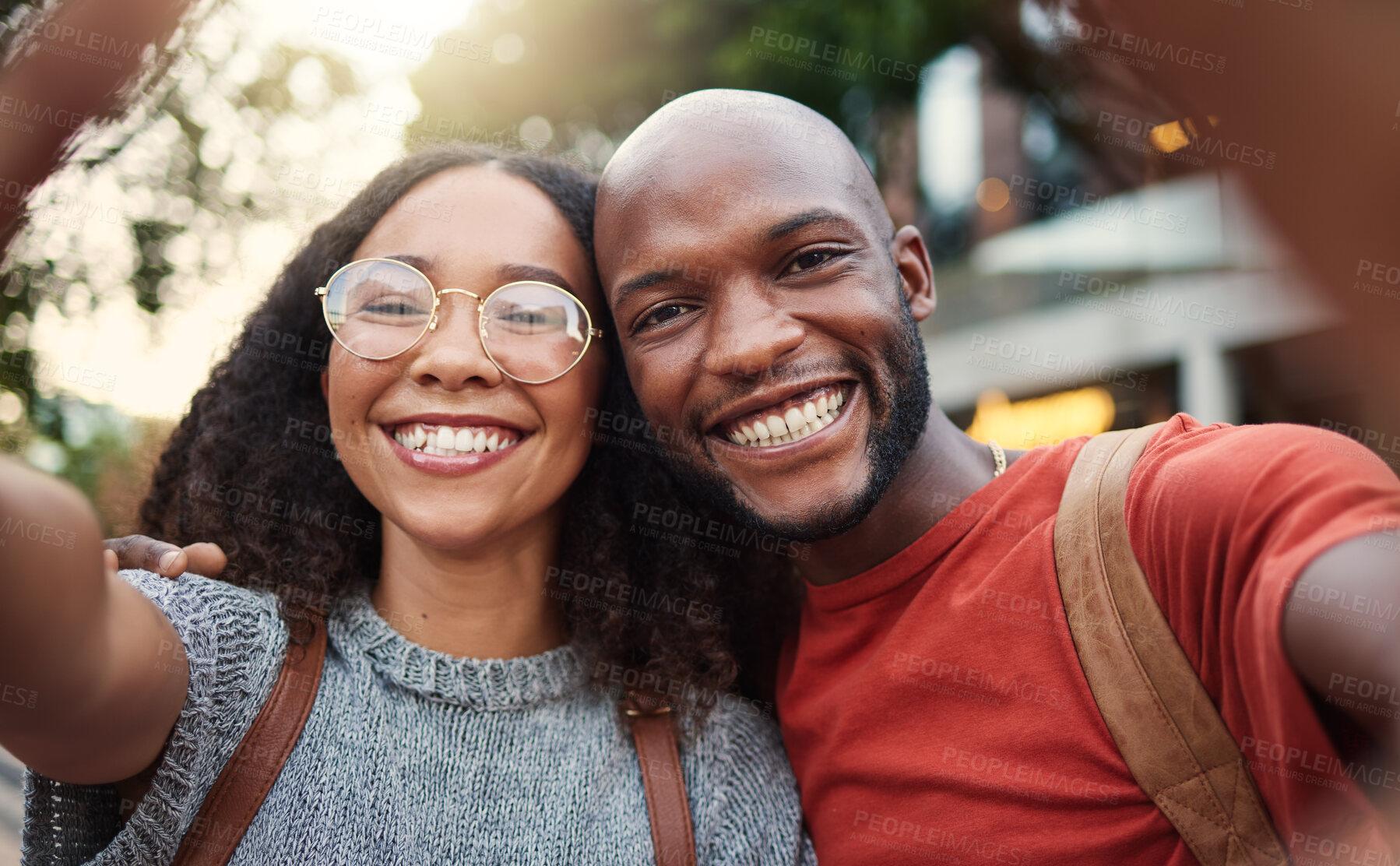 Buy stock photo Selfie, love and smile with an interracial couple in the city together for travel, tourism or adventure overseas. Portrait, freedom or fun with a man and woman taking a photograph in an urban town