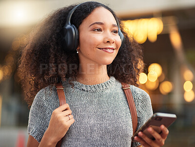 Buy stock photo City, headphones and woman with cellphone, smile and connection with happiness, mobile app and streaming music. Outdoor, female person and happy girl with a smartphone, sound and headset with audio