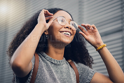 Buy stock photo Woman, smile and city travel of student with glasses on a street with vision of future dream. Urban, university holiday and happy young African person walking with backpack on adventure or vacation