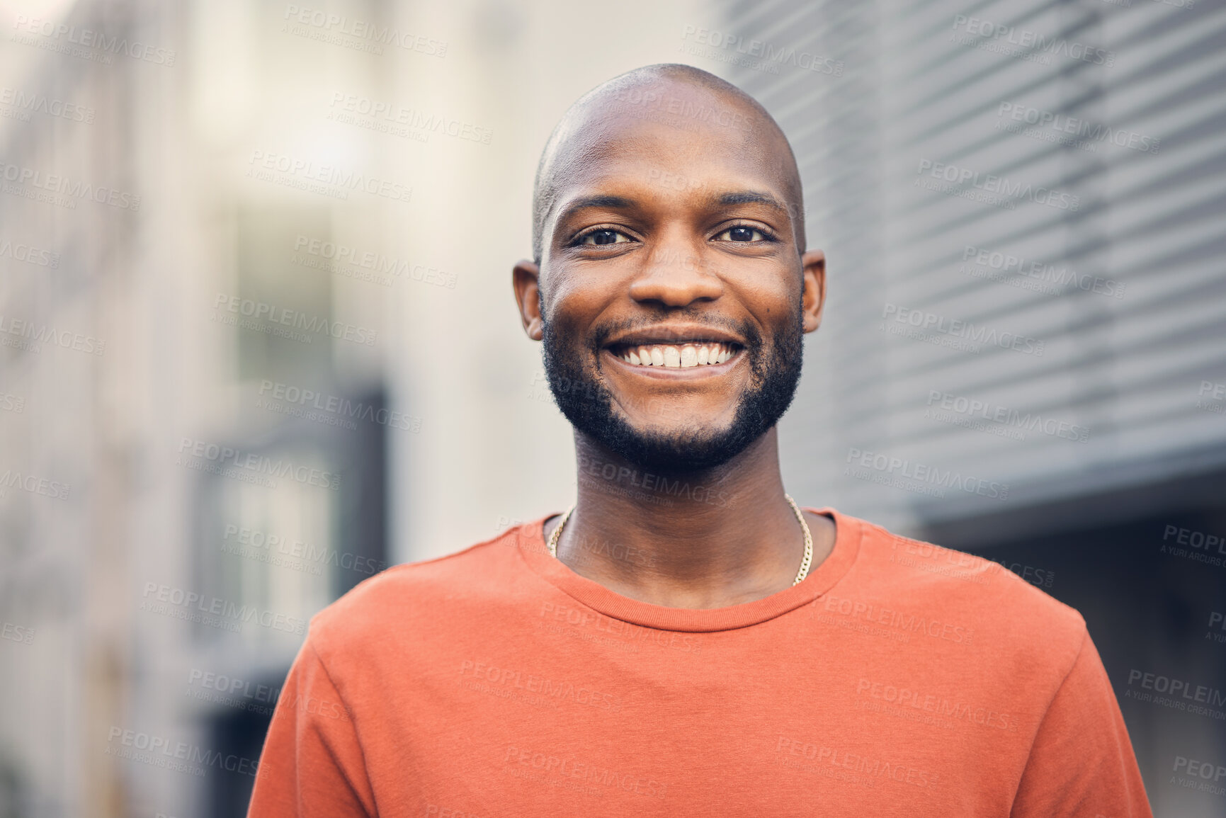 Buy stock photo Black man, smile and portrait outdoor on a city street with a positive mindset, confidence and freedom. Face of a happy african person or student on an urban road with casual style for travel