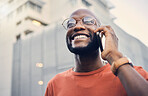 Black man, smile and phone call outdoor on a city street with a positive mindset and confidence. Face of a happy african person with glasses on an urban road with a smartphone for communication
