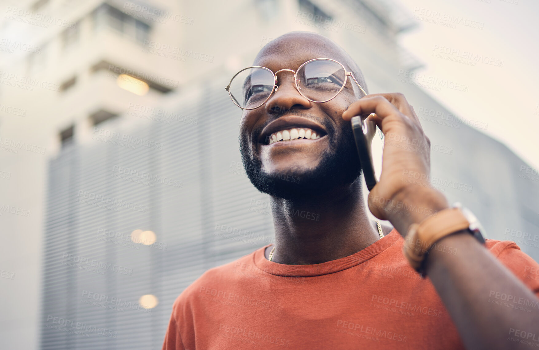 Buy stock photo Black man, smile and phone call outdoor on a city street with a positive mindset and confidence. Face of a happy african person with glasses on an urban road with a smartphone for communication