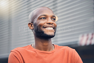 Buy stock photo Black man, smile and thinking outdoor on a city street with a positive mindset, idea and opportunity. Face of happy African person or student on an urban road with casual style and freedom on travel