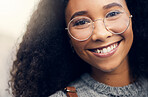 Closeup, happy and portrait of a woman with glasses in the city for the weekend, break or fun as a student. Beautiful, fashion and a young girl with stylish, trendy or edgy eyewear for vision