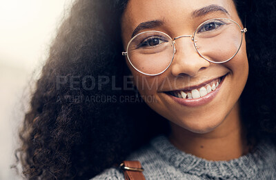 Buy stock photo Closeup, happy and portrait of a woman with glasses in the city for the weekend, break or fun as a student. Beautiful, fashion and a young girl with stylish, trendy or edgy eyewear for vision