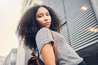 Buy stock photo Fashion, city and portrait of woman on vacation or holiday in a travel location or urban town with a trendy backpack. Outdoor, serious and young person with cool, style and funky hair in summer