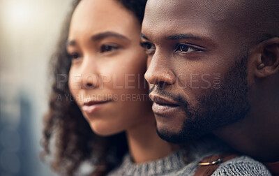 Buy stock photo Love, peace and couple with marriage, hug and bonding with romance, relationship and loving together. Romantic, black man and woman embrace, support and trust with commitment, calm and quality time