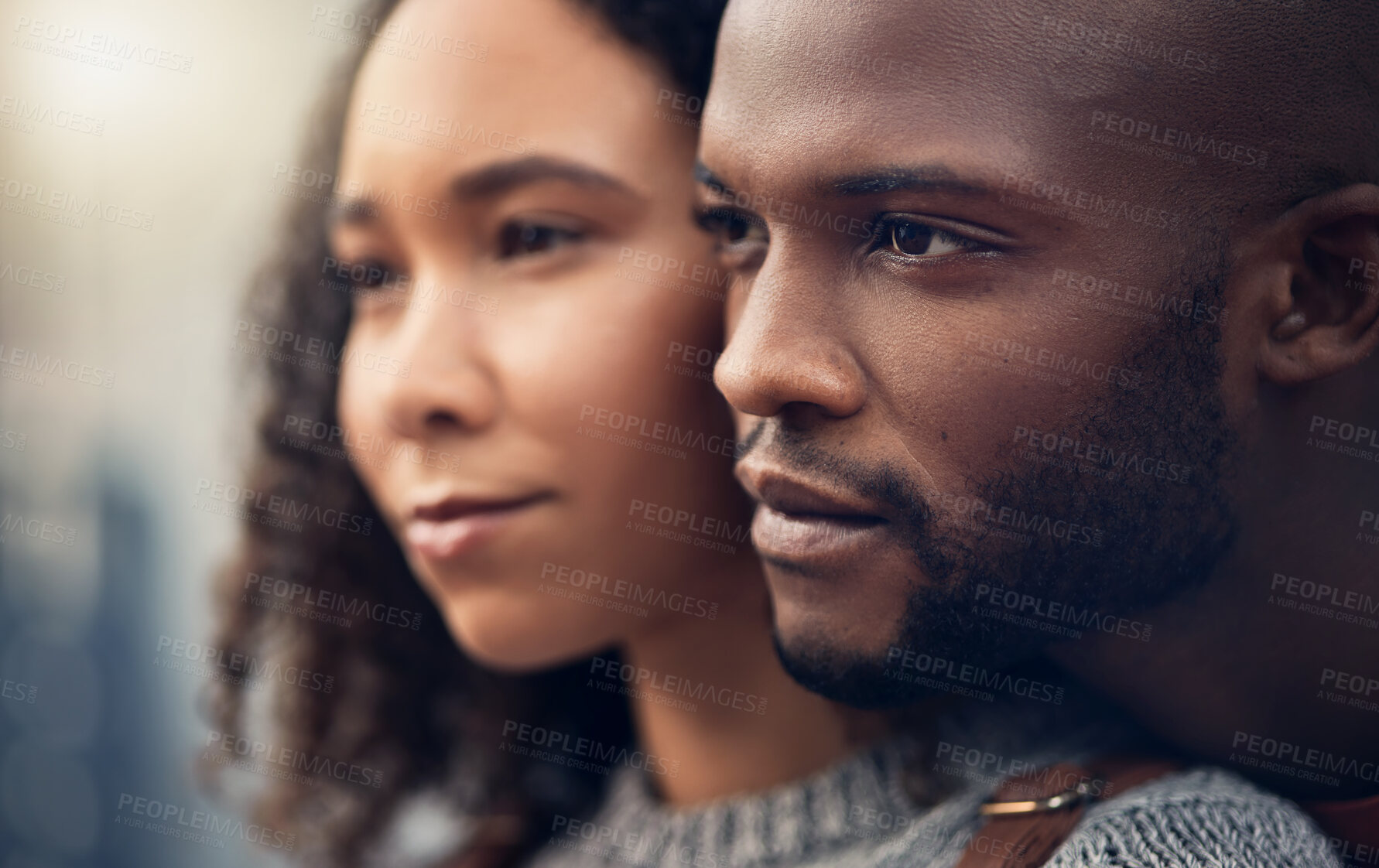 Buy stock photo Love, peace and couple with marriage, hug and bonding with romance, relationship and loving together. Romantic, black man and woman embrace, support and trust with commitment, calm and quality time