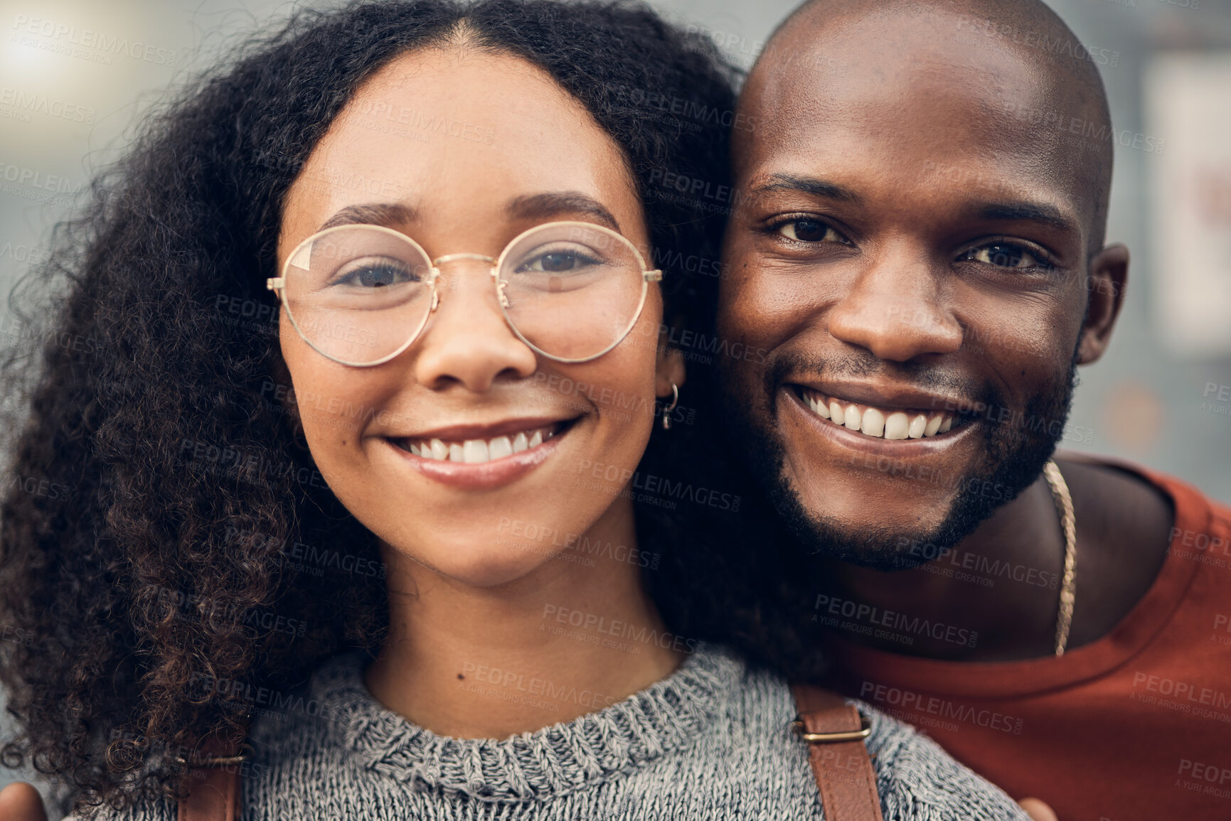 Buy stock photo Face, African couple and love outdoor, happy and bonding together for support in urban city. Portrait, smile and gen z man and woman with profile picture for care, commitment and trust on date