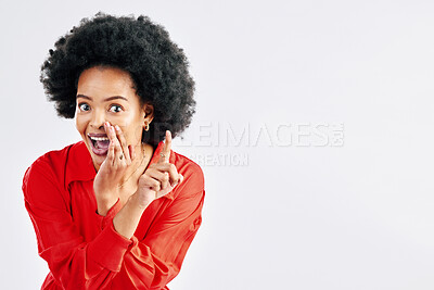 Buy stock photo Secret, excited pointing and woman portrait with whisper in studio with smile. Hope, happy and female person with mockup space and white background showing wait emoji hand gesture for bonus or prize