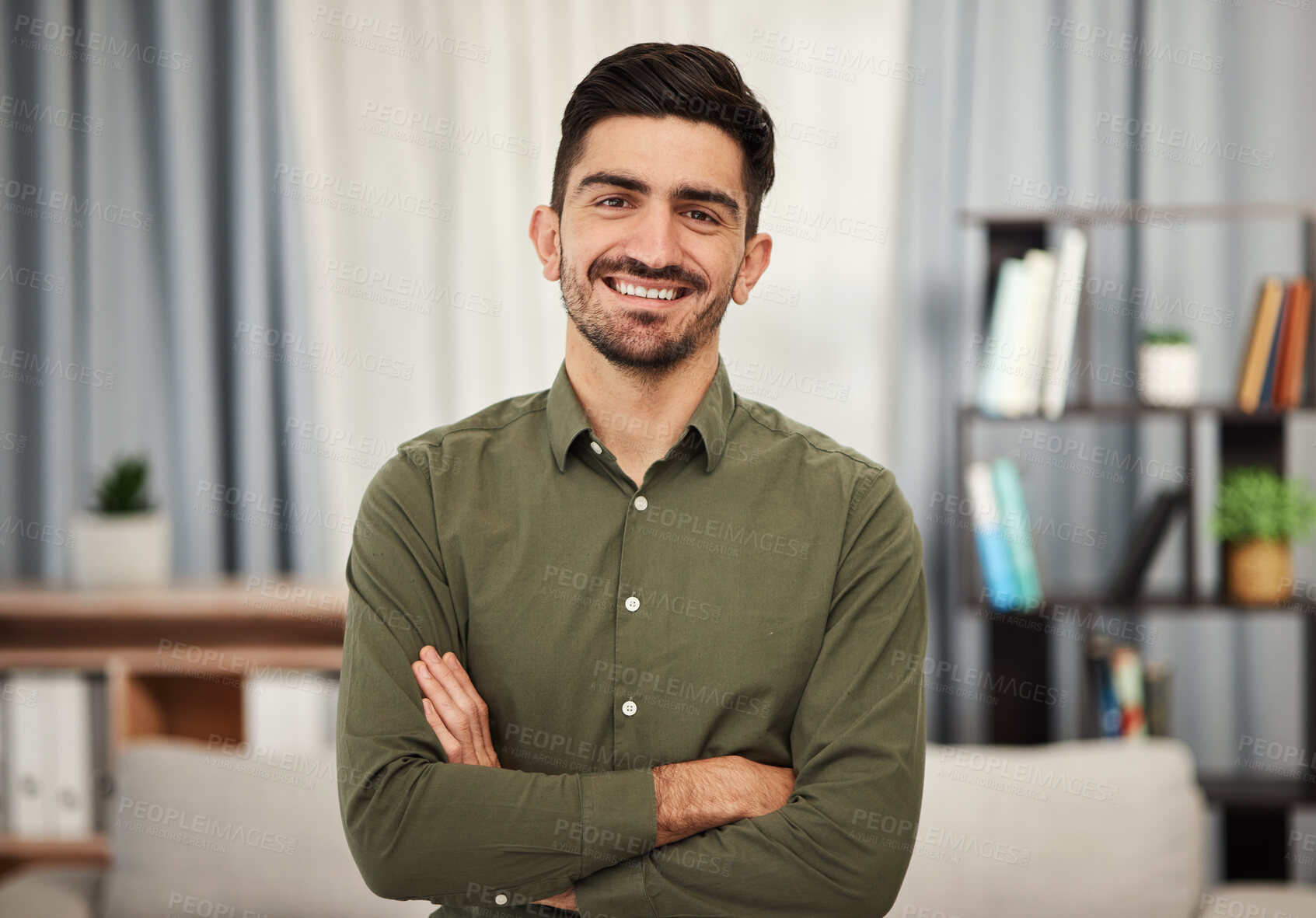 Buy stock photo Portrait, consultant and man with arms crossed in home for remote work. Face, business professional and confident entrepreneur from Spain with smile, happy and positive mindset for freelance career