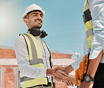 Outdoor, men and engineer with handshake, greeting and agreement with welcome, hello and partnership. Shaking hands, male people and teamwork with collaboration, architecture and new project success