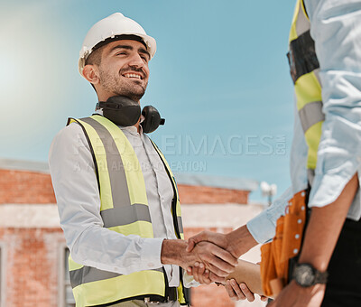 Buy stock photo Outdoor, men and engineer with handshake, greeting and agreement with welcome, hello and partnership. Shaking hands, male people and teamwork with collaboration, architecture and construction project