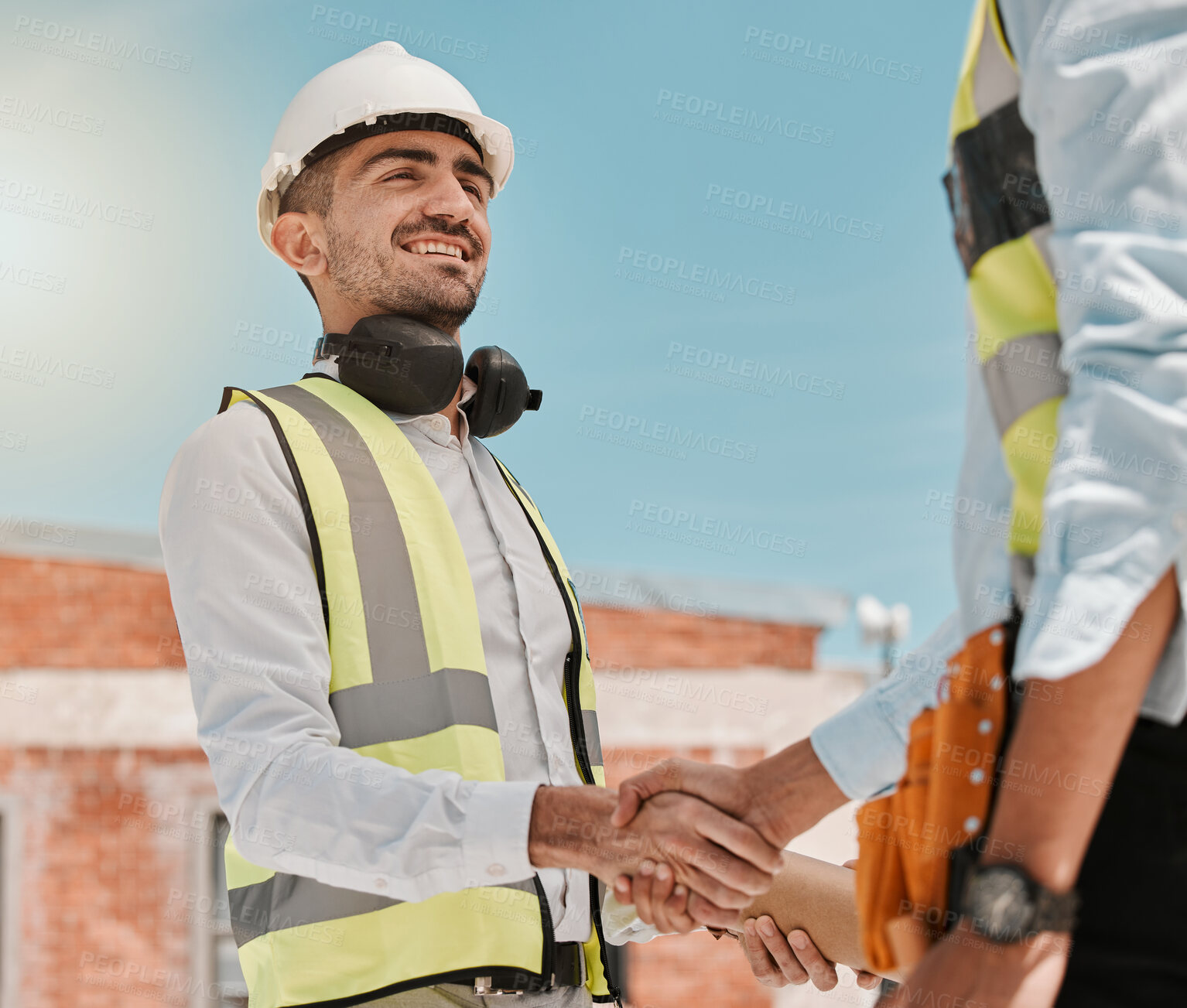 Buy stock photo Outdoor, men and engineer with handshake, greeting and agreement with welcome, hello and partnership. Shaking hands, male people and teamwork with collaboration, architecture and construction project