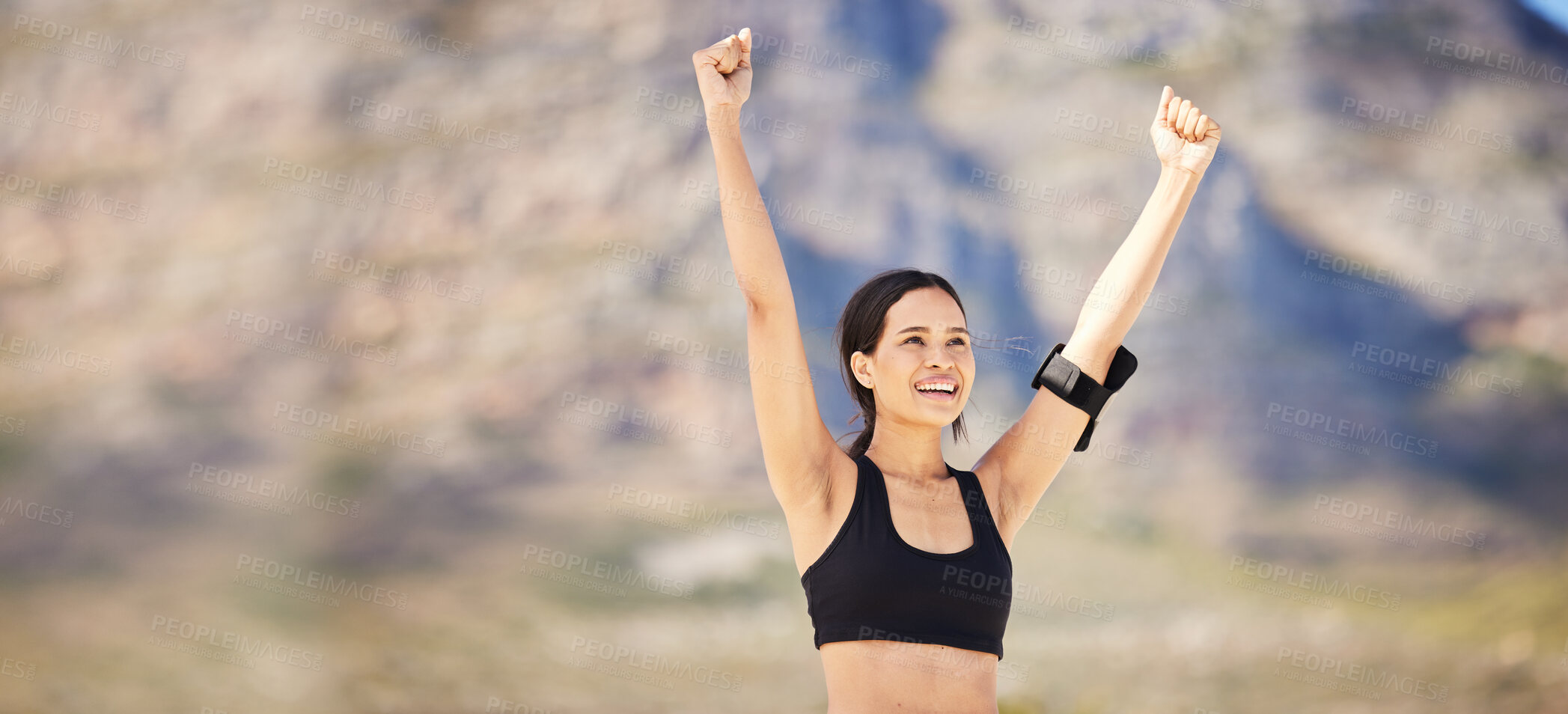 Buy stock photo Outdoor, fitness and woman with celebration, goals and achievement with success, happiness and energy. Person, winner and exercise in nature, smile and target with workout, excited and win with power