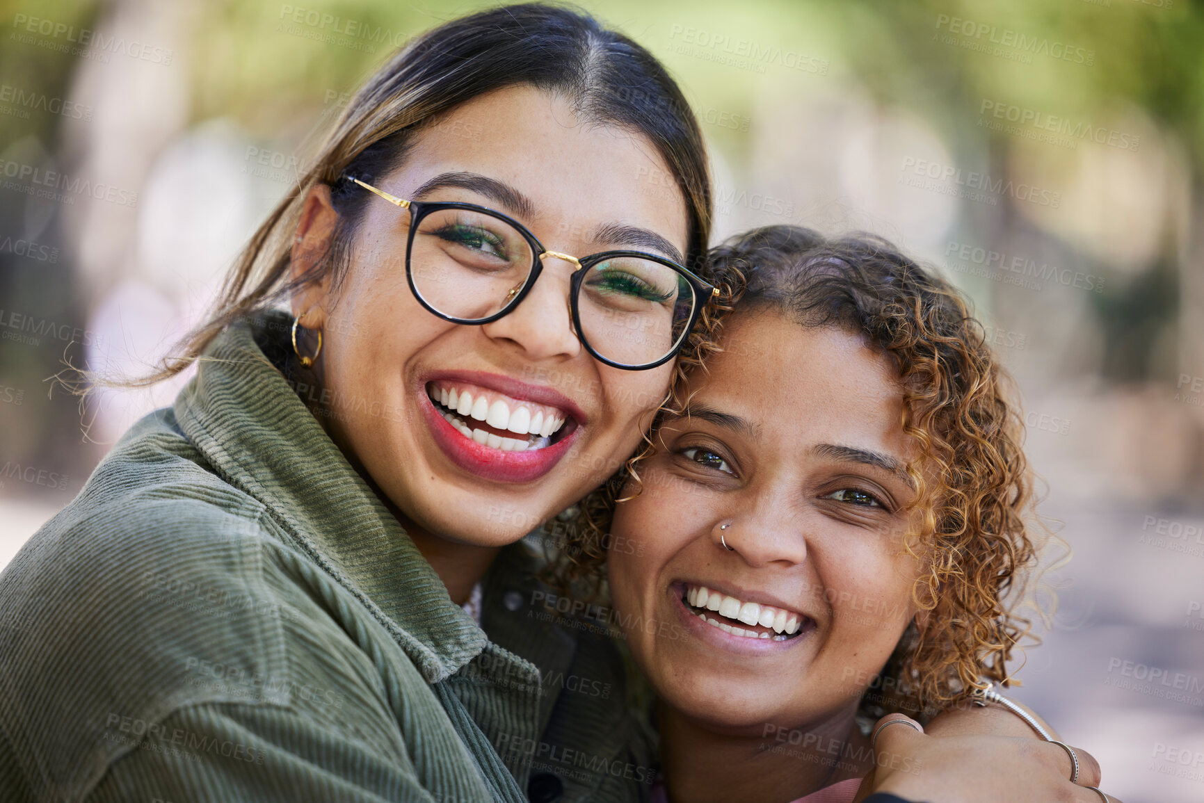Buy stock photo Smile, portrait and women hug at a park outdoor for weekend, bonding or hanging out or having fun together. Happy, face and female friends embrace, excited and cheerful for reunion, trip or vacation