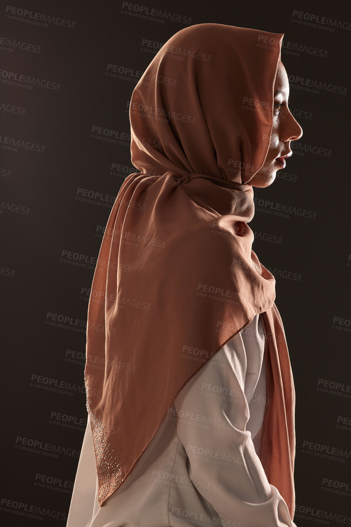 Buy stock photo Muslim woman, profile and hijab for religion, islam or praise in faith against a dark studio background. Side view of Islamic female person or model with scarf in fashion for culture or tradition