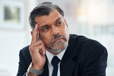 Buy stock photo Man, thinking and stress in office with doubt, questions and fear of future business problem. Face of corporate manager, CEO and boss with brain fog of memory, remember bankruptcy risk and depression