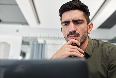 Buy stock photo Business, thinking and man with a computer, solution and problem solving with ideas, research and website information. Career, male professional and consultant with a pc, online reading and decision