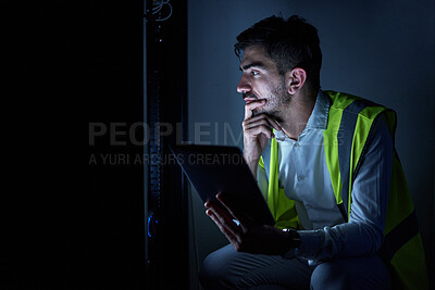 Buy stock photo Information technology, thinking and man with tablet for maintenance, repair and inspection in server room. Engineering, night and IT technician on digital tech for analysis, data and control panel
