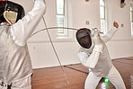 People, fencing and training for a sword, fight and exercise with a weapon or duel, fighting in sports with martial arts athlete. Couple, combat and competition with fighter, blade and equipment