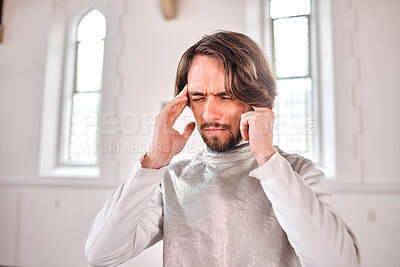 Buy stock photo Stress, fencing and challenge with man and headache for pain, thinking and migraine. Mental health, frustrated and sports with male athlete with anxiety about tournament problem, training and sick