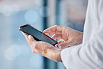 Man, doctor and hands with phone for communication, healthcare or Telehealth at the hospital. Closeup of male person or medical professional on mobile smartphone app for networking or social media