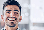 Face, happy doctor and man in hospital for healthcare with bokeh, mockup space and wellness career. Portrait, medical professional and excited worker, employee or expert surgeon from Spain with smile