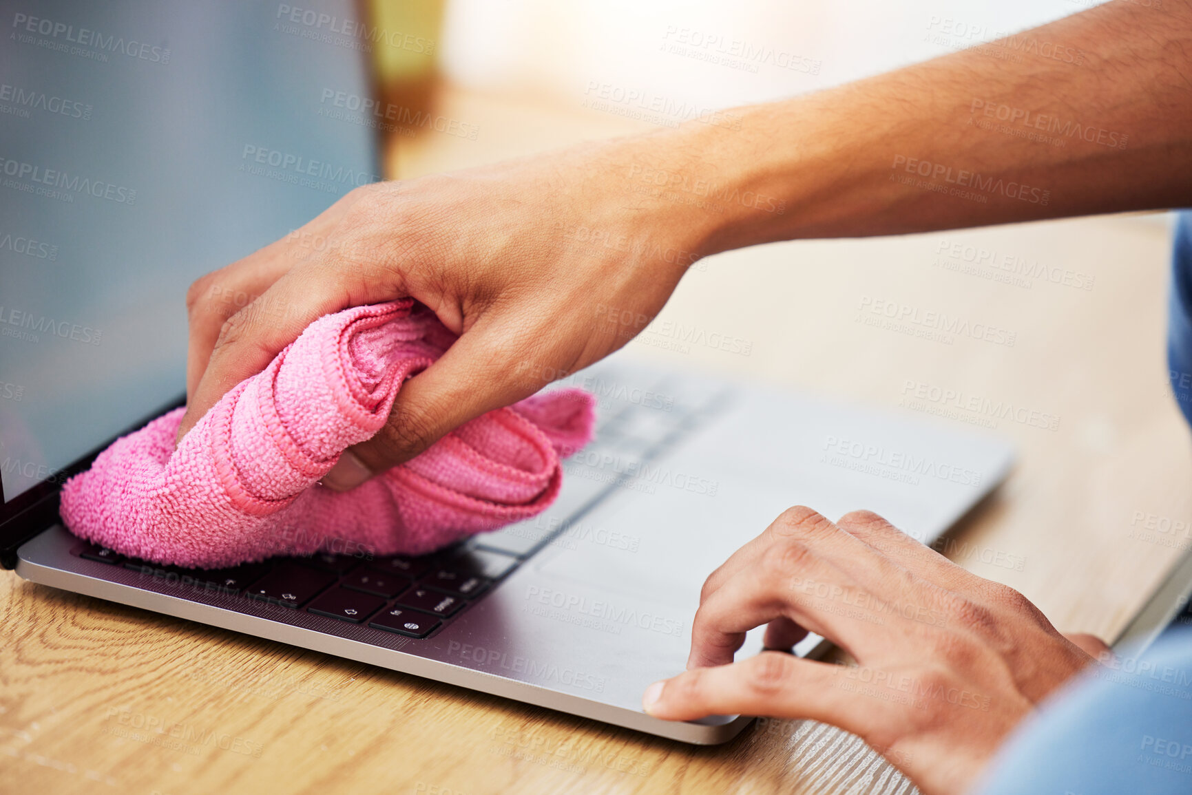 Buy stock photo Hands, wipe and laptop with dust, cleaning and hygiene with a cloth, washing or bacteria. Pc, person or worker with fabric, keyboard or covid compliance with technology, antibacterial or disinfection