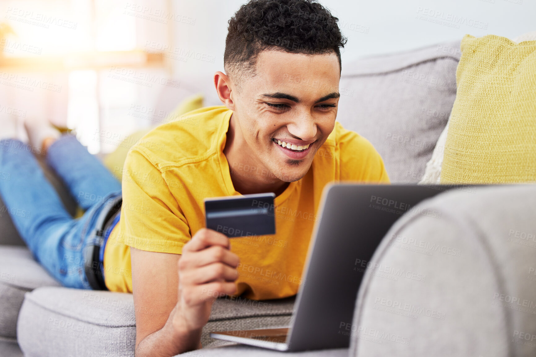 Buy stock photo Credit card, man and laptop for online shopping, digital sale and payment at home. Web banking, ecommerce and website promotion with person buying on computer for deal purchase on app and sofa