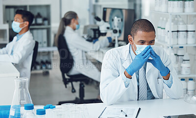 Buy stock photo Lab, stress and scientist thinking of research in a laboratory worried to fail, mistake and problem with face mask. Error, anxiety and man with fatigue due to medical or healthcare development