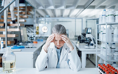 Buy stock photo Fail, mistake and scientist with stress in a laboratory due to research crisis worried, anxiety and frustrated by results. Headache, burnout and tired professional with a medical error in a lab