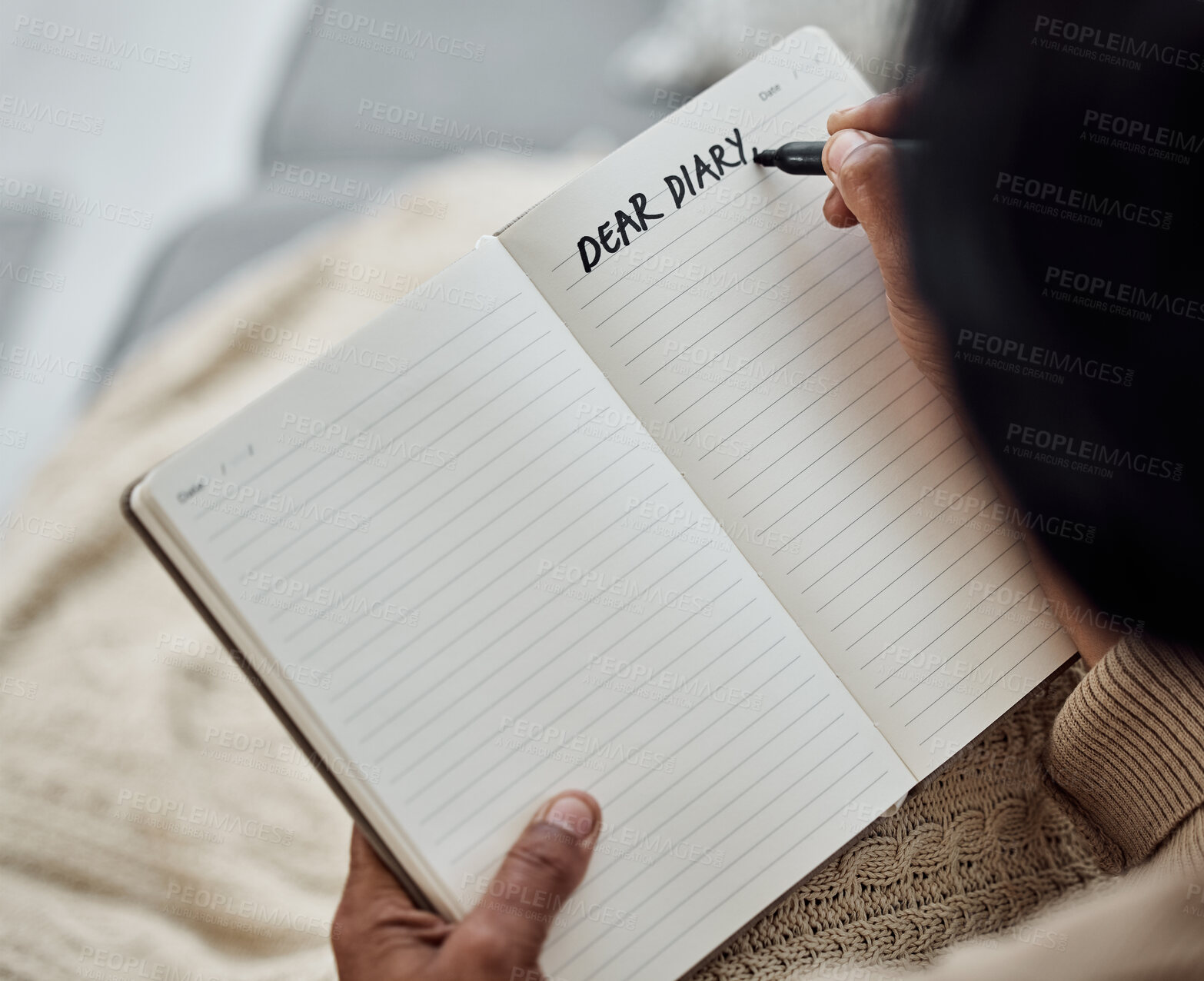 Buy stock photo Reflection, writing and a person with a notebook in bed for planning, notes or relax in the morning. Above, paper and hands of people with a book for creativity, thoughts and journaling for an idea