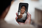 Video call, communication and black woman on a phone screen with internet connection at home. Online conversation, talking and smartphone in hands of a person for distance chat, call and pov 