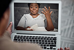 Video call, communication and black woman on a laptop with internet connection at home. Online conversation, talking and person with a computer screen for distance chat, calling or webinar pov 