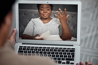 Video call, communication and black woman on a laptop with internet  connection at home. Online conversation, talking and person with a computer  screen for distance chat, calling or webinar pov