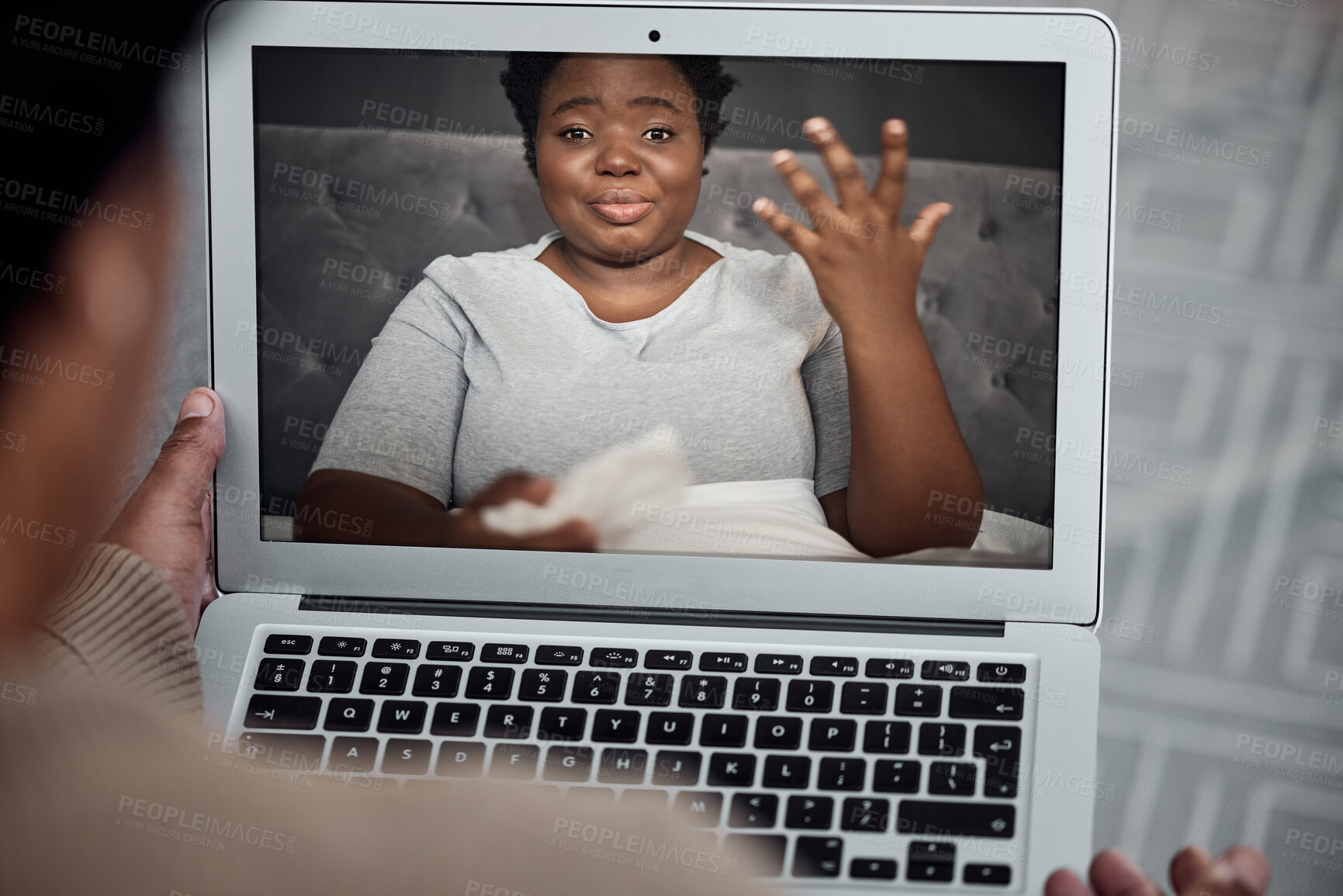 Buy stock photo Video call, communication and black woman on a laptop with internet connection at home. Online conversation, talking and person with a computer screen for distance chat, calling or webinar pov 